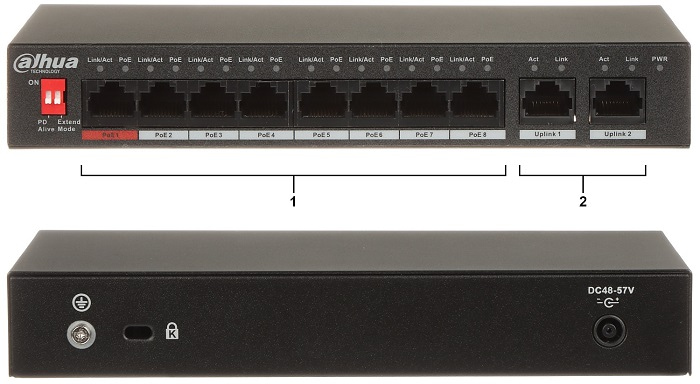 سوئیچ شبکه PFS3010-8ET-96 داهوا مجهز به 8 پورت PoE و 2 پورت Uplink و منبع تغذیه 48V-57V DC است.